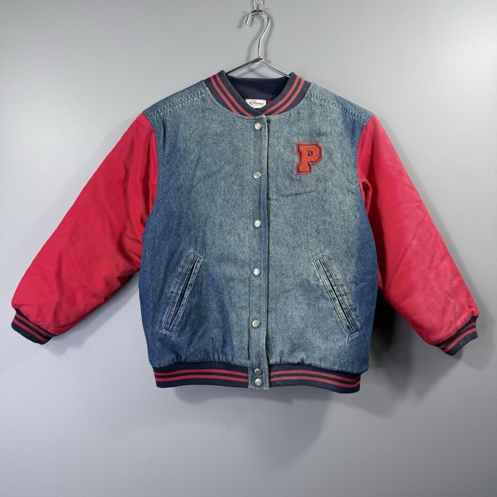 Disney Store Jacket Kids M Blue Red Pooh Varsity Denim Snap Front Embroidered